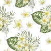 Tropical flowers and leaves wallpaper 0196 - Graphic pattern. White background with green leaves and yellow flowers.