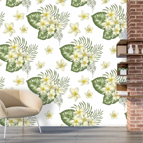 Tropical flowers and leaves wallpaper 0196 - Modern living room decor with light walls and wooden flooring.