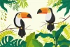 Toucan wallpaper among leaves 0193 - Graphic design featuring two toucans on a branch surrounded by various shaped leaves.