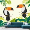 Toucan wallpaper among leaves 0193 - Graphic design featuring two toucans on branches surrounded by green leaves.