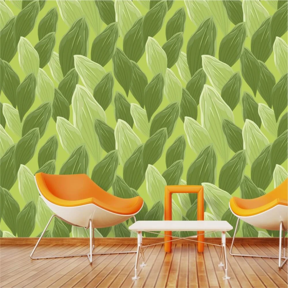 Green Leaves Wallpaper 0218 - Modern living room decor with green and brown wall shades.