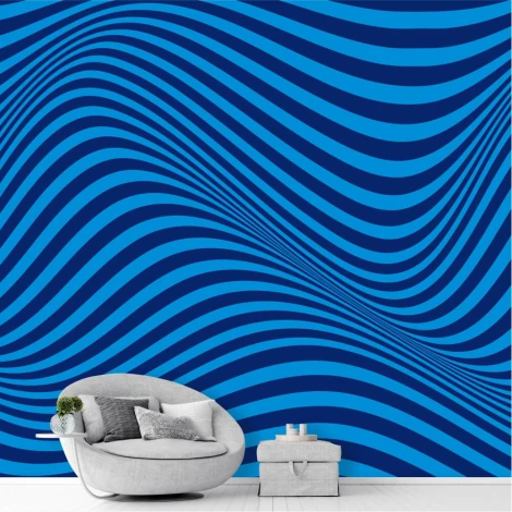 3D Waves Wallpaper, optical illusion 0248 - Living room decor. Blue-toned walls with a wavy pattern.