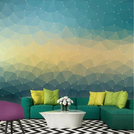 3D Triangle Wallpaper 0246 - Living room decor with blue and yellow walls and green furniture.