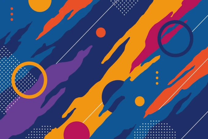 Abstract Wallpaper 0247 - Graphic pattern with colorful stripes in shades of blue, orange, purple, and yellow.