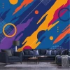 Abstract Wallpaper 0247 - Living room design with dark walls and modern blue furniture.