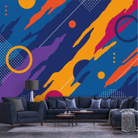 Abstract Wallpaper 0247 - Living room design with dark walls and modern blue furniture.