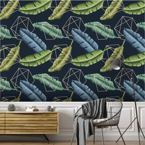 Abstract polygon wallpaper with leaves 0239 - Living room decor. Dark walls, wooden furniture accents.