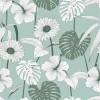 Wallpaper White Flowers 0242 - Graphic design with green and white flowers and leaves on a solid background.