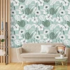 White flowers wallpaper 0242 - Living room setup with light-colored walls and beige furniture.