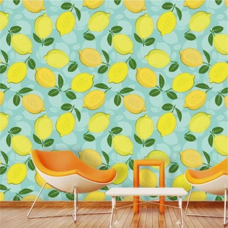 Lemon wallpaper on a blue background 0268 - Living room decor with light walls and furniture in white and orange tones.