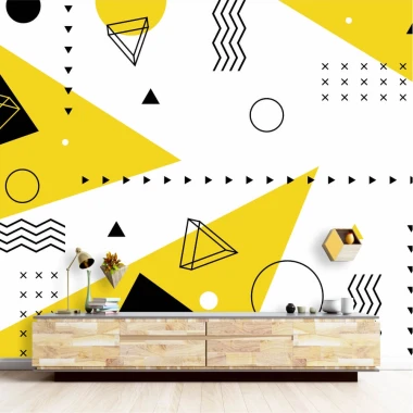 Geometric wallpaper 0252 - Living room decor with light-colored walls and natural wood furniture.