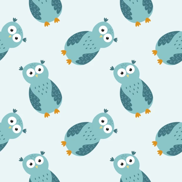 Children\'s wallpaper Owls 0233 - Graphic design featuring owls in various poses on a light background.