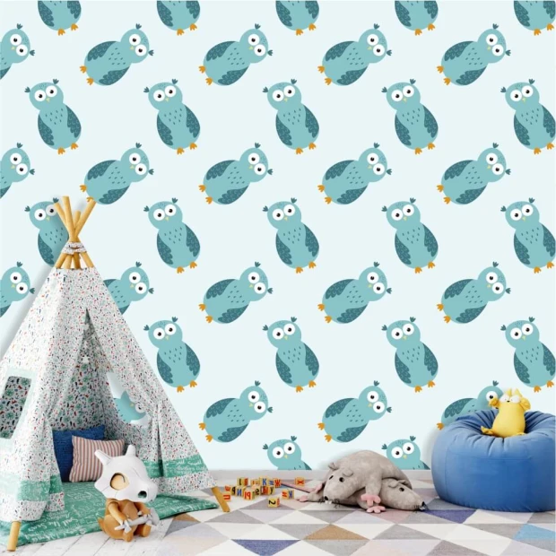 Owl wallpaper for kids 0233 - Decorated children\'s room with light walls, tent, and cushions in the background.