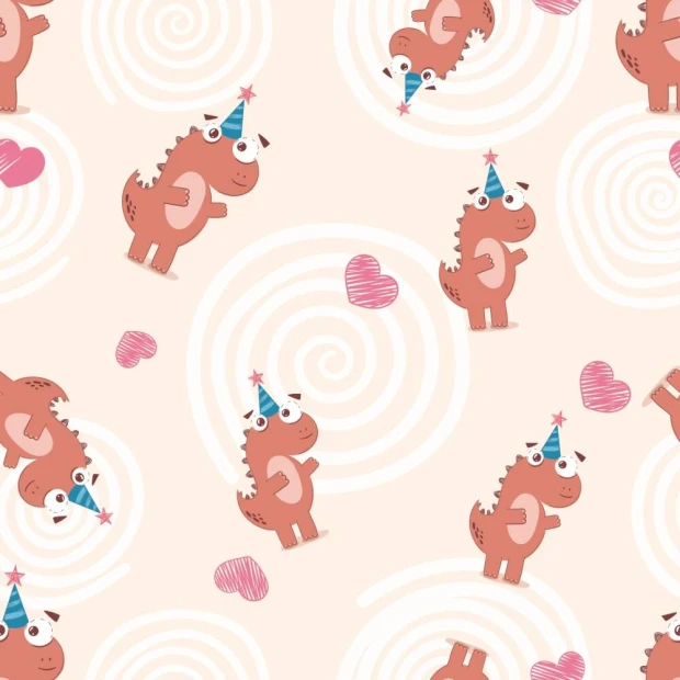 Children\'s wallpaper with cheerful dinosaurs 0263 - Pink dinosaurs in hats against a backdrop of spirals and hearts.