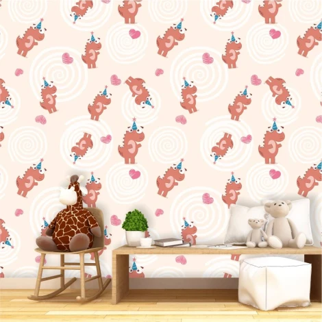 Children\'s wallpaper with cheerful dinosaurs 0263 - Graphic design featuring dinosaurs in various poses against spirals and hearts.