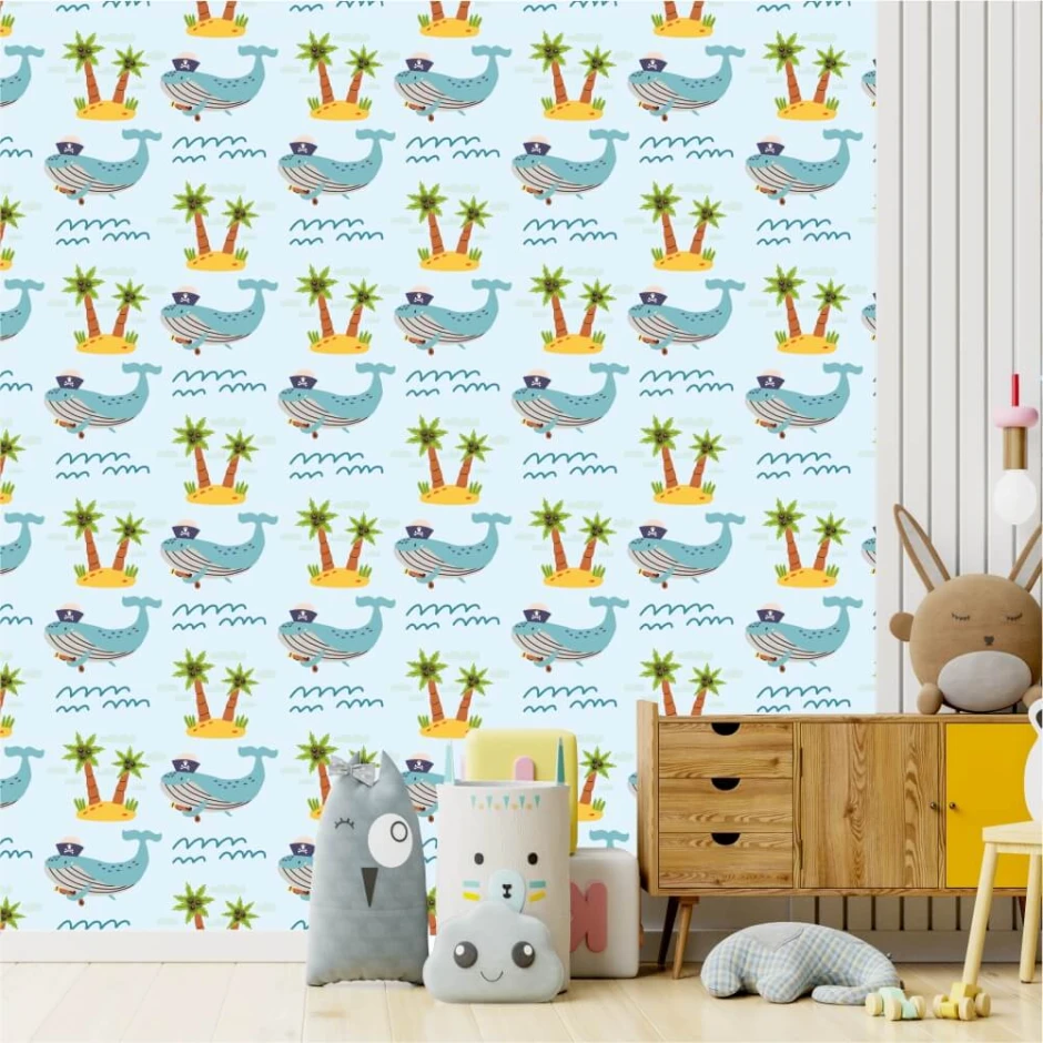 Children\'s wallpaper with whales, islands, and palm trees on a blue background.