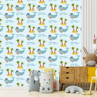 Children\'s wallpaper with whales, islands, and palm trees on a blue background.