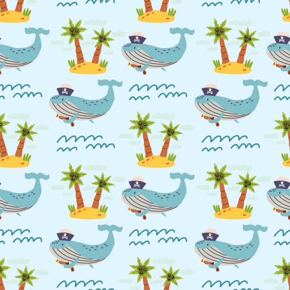 Children\'s wallpaper with whales, islands, and palms on a blue background.