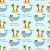 Children\'s wallpaper with whales, islands, and palms on a blue background.