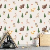 Forest Animals Wallpaper for Kids 0259 - Features woodland creatures, trees, and mushrooms on a light background.