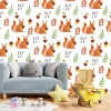 Squirrel and nut wallpaper for kids 0275 - Features squirrels, nuts, and leaves on a white background.