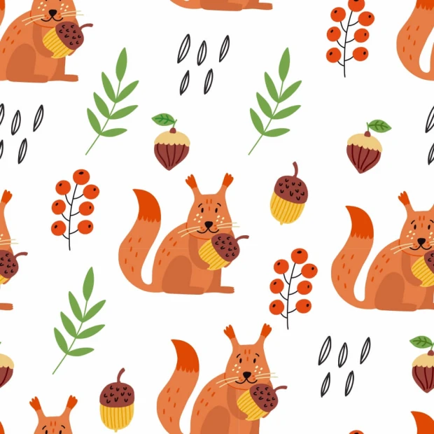Squirrel wallpaper for kids 0275 - Features squirrels with nuts, leaves, and berries in a graphic design.