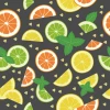 Citrus fruit wallpaper for dining rooms featuring lemons, limes, and oranges on a dark background with mint leaves.