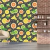 Lemon, lime, and orange wallpaper for dining rooms. Gray walls with a brick accent wall.