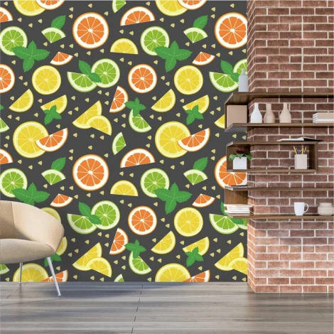 Lemon, lime, and orange wallpaper for dining rooms. Gray walls with a brick accent wall.