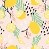 Lemon Kitchen Wallpaper 0266 - Graphic design featuring yellow lemons, leaves, and flowers on a pink background.
