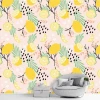 Lemon Kitchen Wallpaper 0266 - Graphic design with yellow lemons, green leaves, and black accents on a pink background.