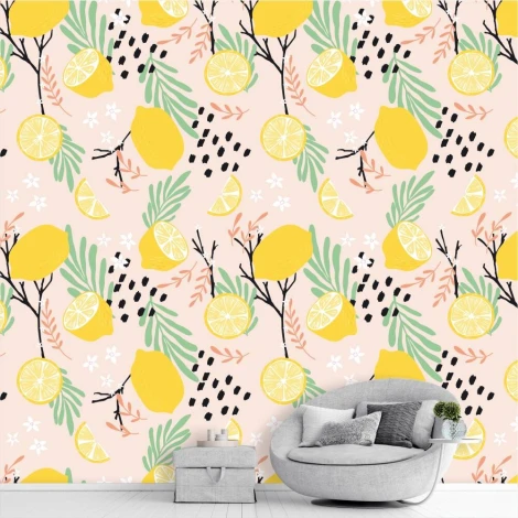 Lemon Kitchen Wallpaper 0266 - Graphic design with yellow lemons, green leaves, and black accents on a pink background.