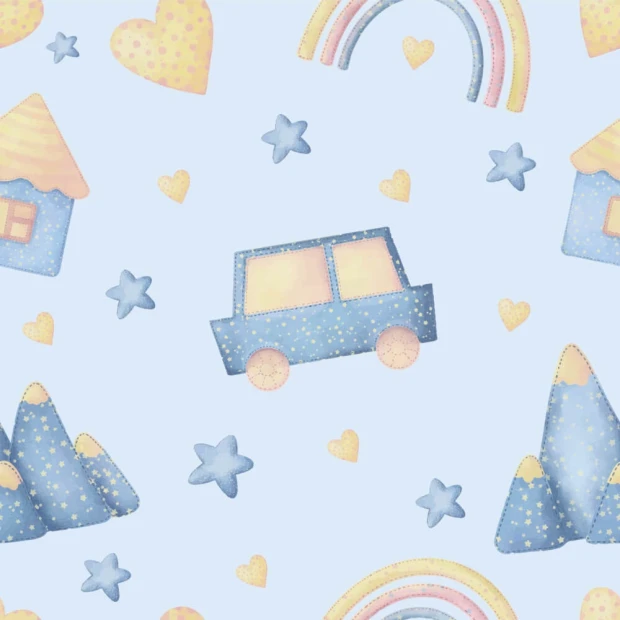 Boys\' room wallpaper featuring cars, houses, hearts, stars, and rainbows in blue on a light background.