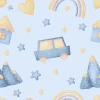 Boys\' room wallpaper featuring cars, houses, hearts, stars, and rainbows in blue on a light background.