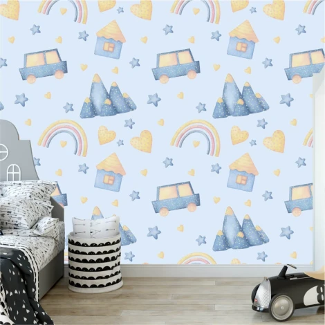 Boys\' room wallpaper featuring cars, houses, mountains, rainbows, and hearts on a light background.
