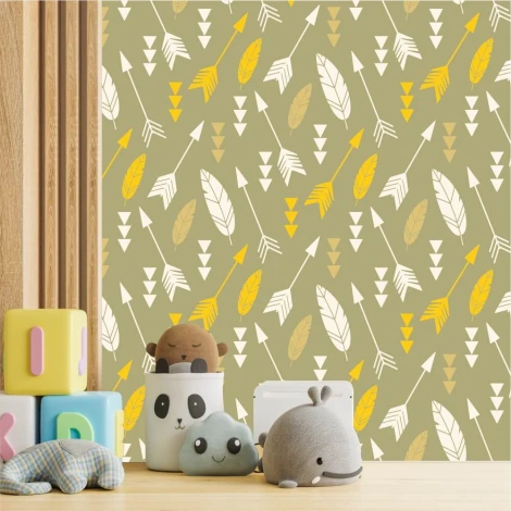 Boys\' room wallpaper with arrows and feathers on an olive green background. Graphic design.