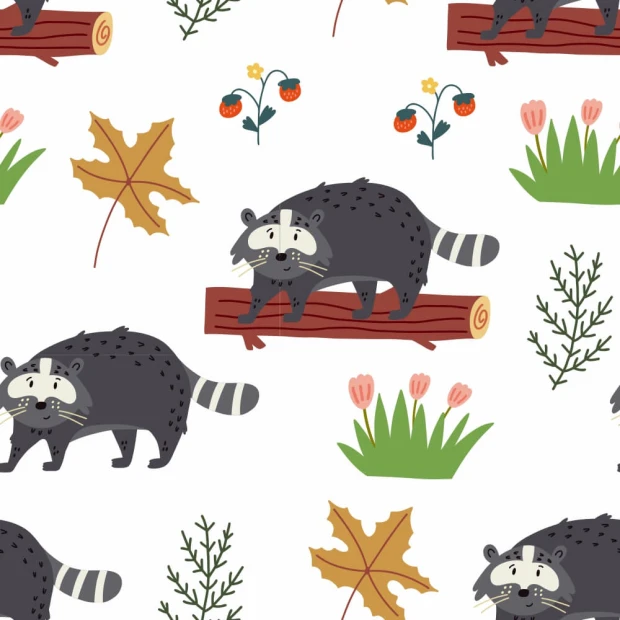 Children\'s room wallpaper Beavers 0274 - Graphic design featuring beavers on branches, leaves, flowers, and grass.
