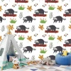 Kids\' room wallpaper Beavers 0274 - Graphic design with beaver illustrations on logs, leaves, and grass.