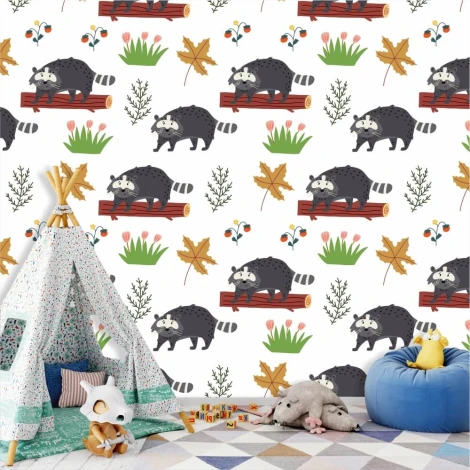 Kids\' room wallpaper Beavers 0274 - Graphic design with beaver illustrations on logs, leaves, and grass.