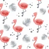 Children\'s room wallpaper Flamingos 0230 - Graphic design with pink flamingos on a white background with leaves and dots.