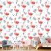 Children\'s room wallpaper Flamingos 0230 - Graphic design with pink flamingos on a white background with leaves and dots.