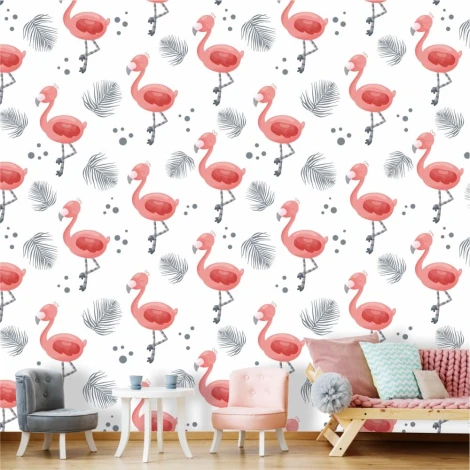 Children\'s room wallpaper Flamingos 0230 - Graphic design with pink flamingos on a white background with leaves and dots.