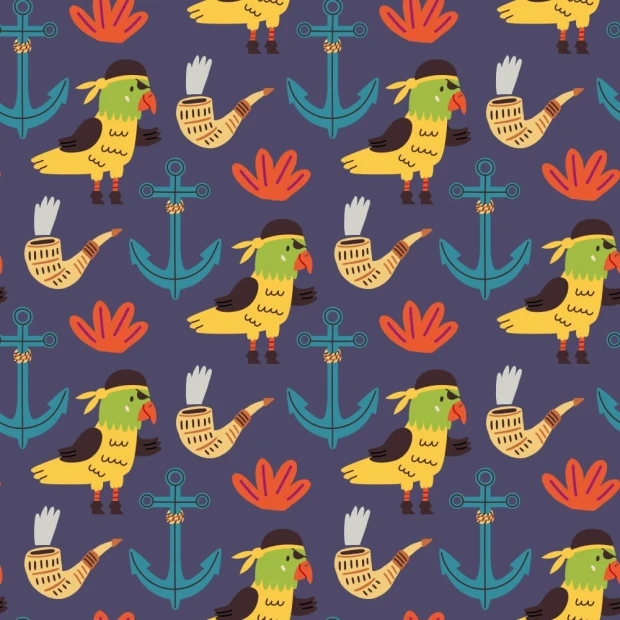 Children\'s room wallpaper featuring parrots, anchors, and flies on a dark background.