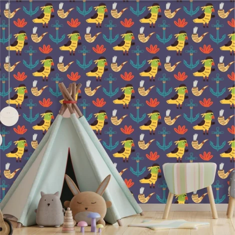 Children\'s room wallpaper with parrots and anchors 0272 - Graphic design on a dark background featuring colorful parrots and anchors.