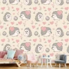 Children\'s room wallpaper Family of Hedgehogs 0257 - Graphic design with hedgehogs in various poses and hearts on a light background.