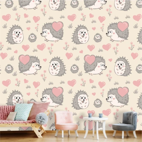 Children\'s room wallpaper Family of Hedgehogs 0257 - Graphic design with hedgehogs in various poses and hearts on a light background.