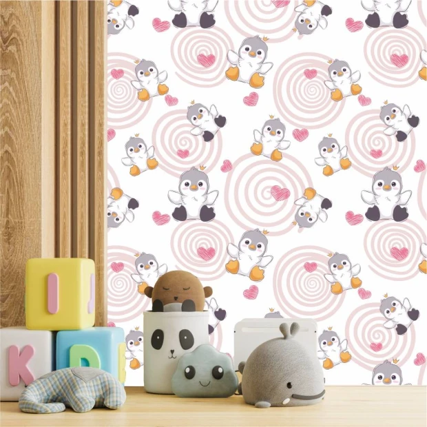 Kids\' room wallpaper Love Penguins 0262 - Graphic design with penguins in various poses on a pink spiral background.