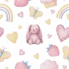 Bunny, butterfly, and cloud wallpaper for a girl\'s room - Graphic design featuring rabbits, butterflies, and hearts.