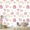 Girls\' room wallpaper with bunnies, butterflies, and clouds - features rabbits, butterflies, hearts, and rainbows.