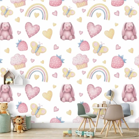 Girls\' room wallpaper with bunnies, butterflies, and clouds - features rabbits, butterflies, hearts, and rainbows.